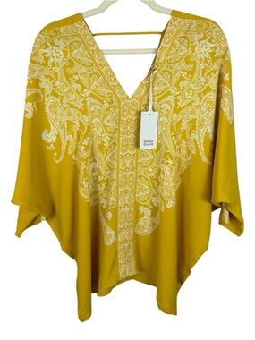Rose + Olive Mustard Yellow White Paisley V-Neck Kaftan Top Medium NWT